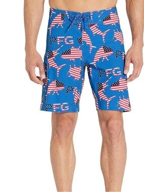 Columbia PFG Mens Swim Trunks Shorts Size 34 Blue American Flag Fish Print Board